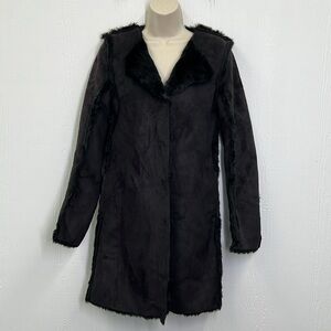 H&M - NWT Black Suede Like Lined Black Faux Fur Button Down Pockets Coat Size 2